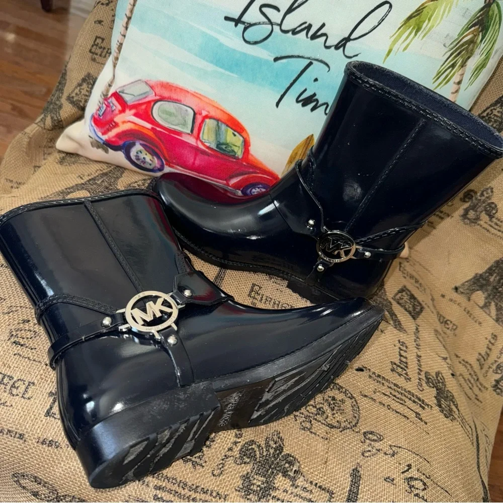 Michael Kors Fulton Harness Navy Blue Rain Bootie Ankle Boots Size 7 - Picture 7 of 9